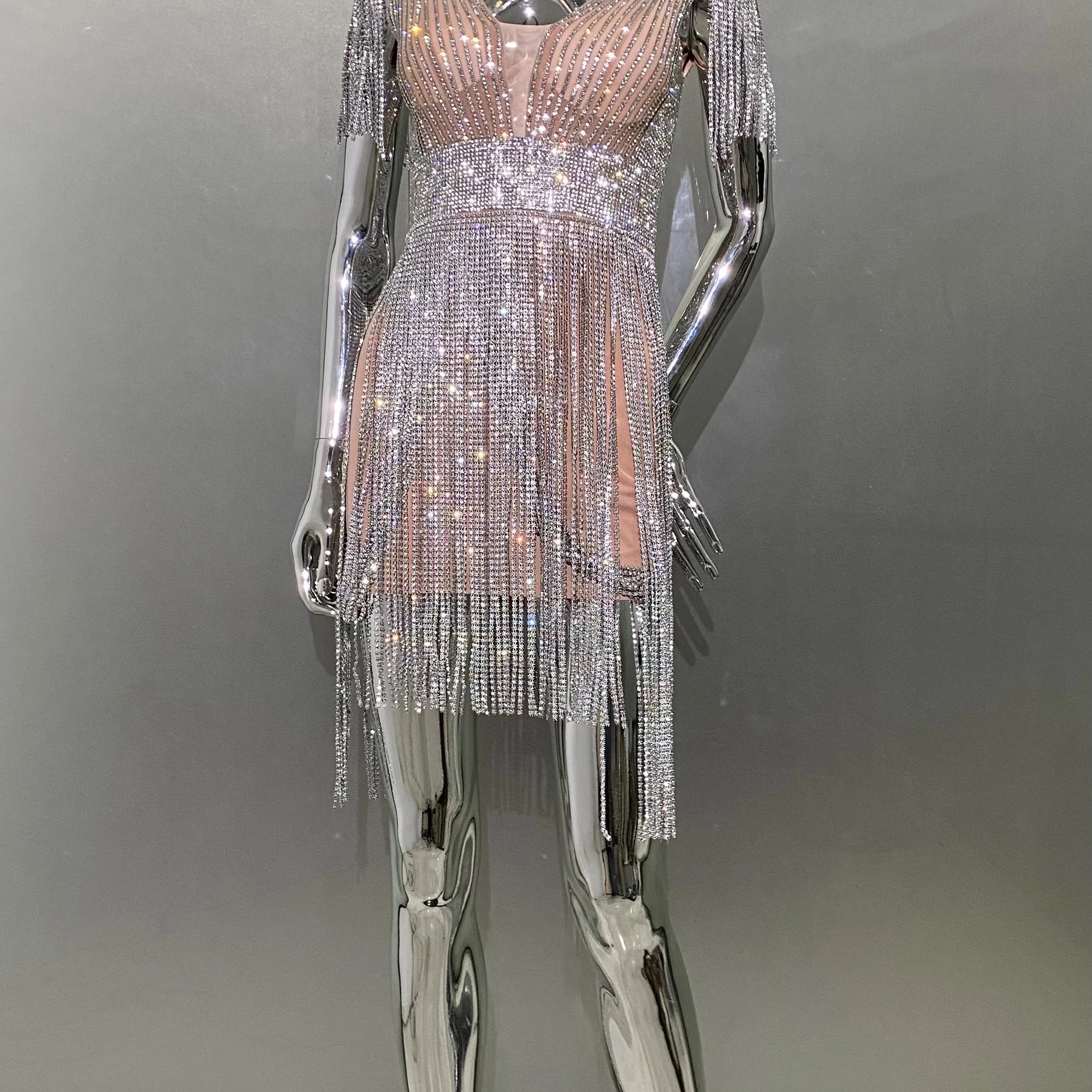 STOCK High Quality Super Shining Diamonds Tassel Sleeveless Mini Evening Dress Woman Birthday Party Outfit Performance Costume