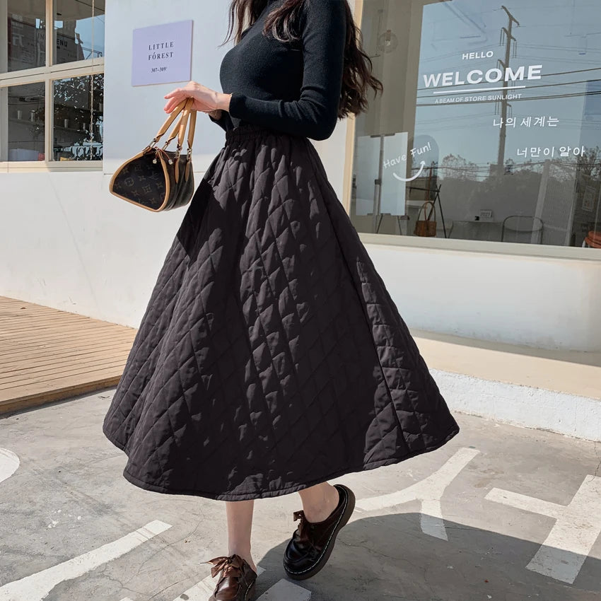 Winter Down Padded A-line Skirt Women Black Solid Pockets Long Skirts Thickening Warm Bottoms Jupe Chic Female black