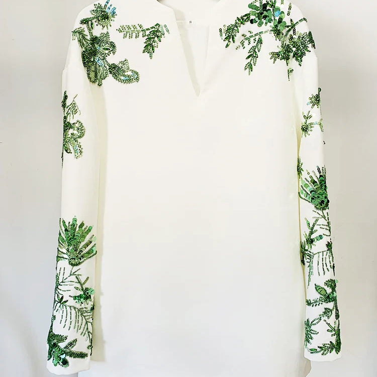 HIGH STREET Newest Designer Suit Set Women's Loose Style Long Sleeve Stunning Beaded Blouse Tops Flare Pants The Blouse