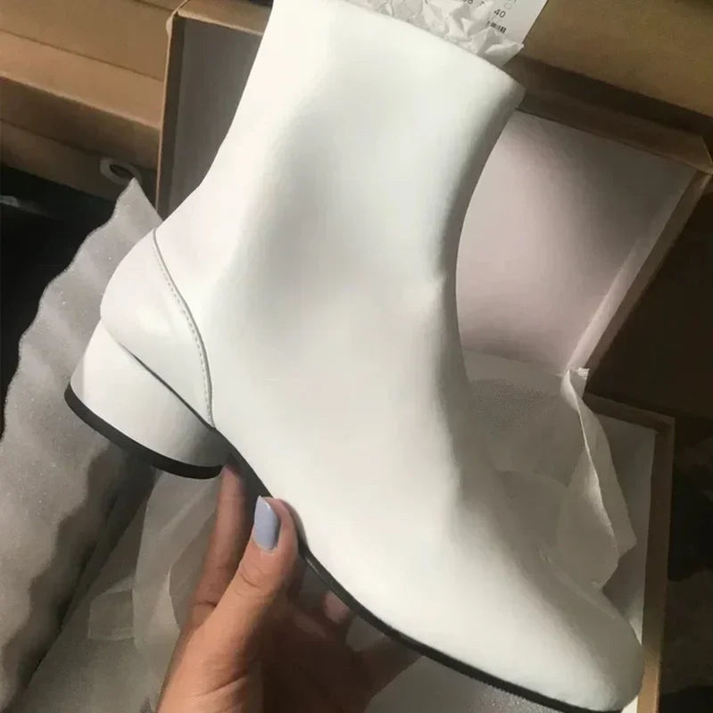 Luxury Brand Design Leather Tabi Boots Fashion Round Chunky High Heel Ankle Boots For Women Autumn Winter Split Toe Shoes white1 with leather