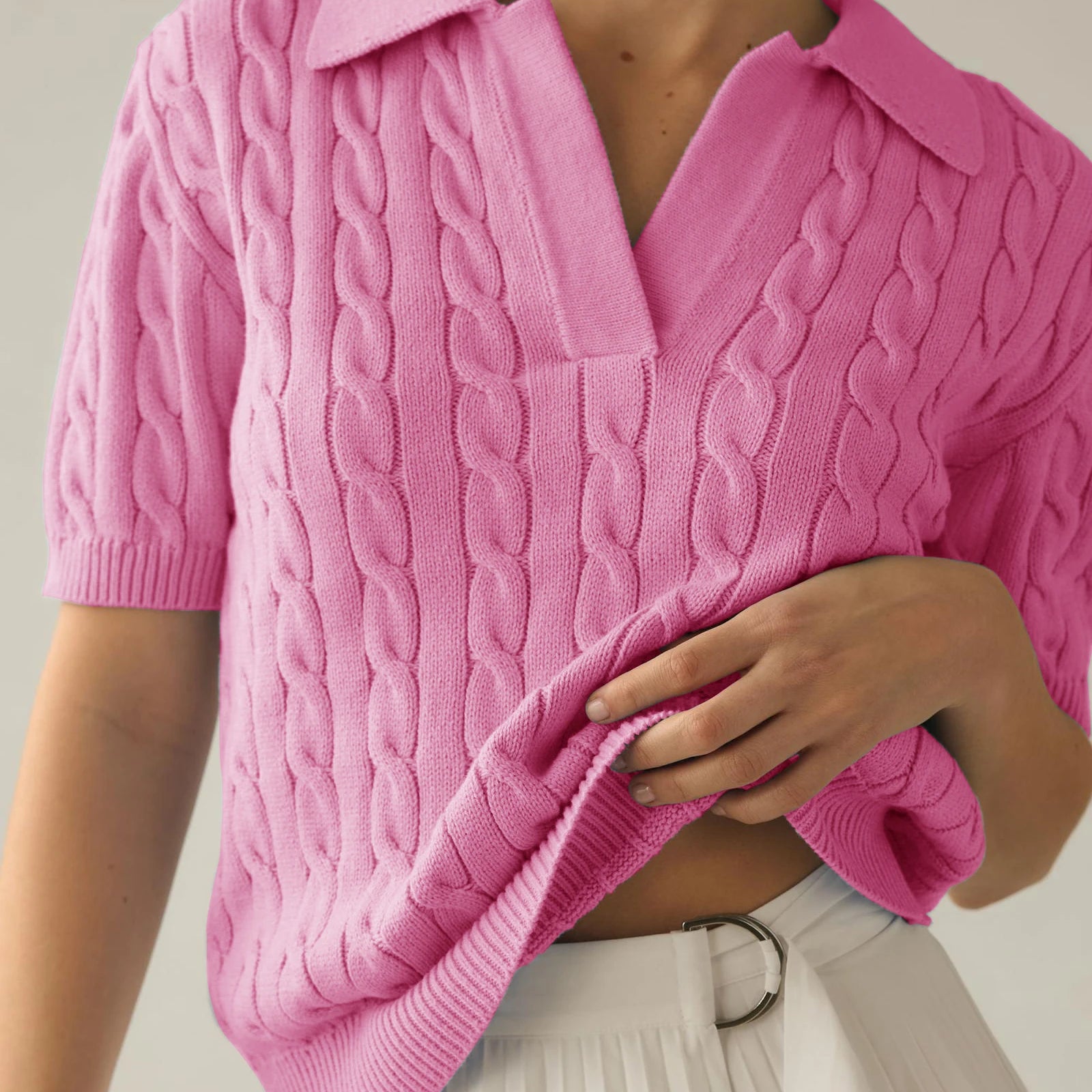 Casual Hot Pink Cable Knit Loose V Neck Short Sleeve Sweater Pullover Spring Summer Fashion Soft Lapel Collar Knitted Top Y2K