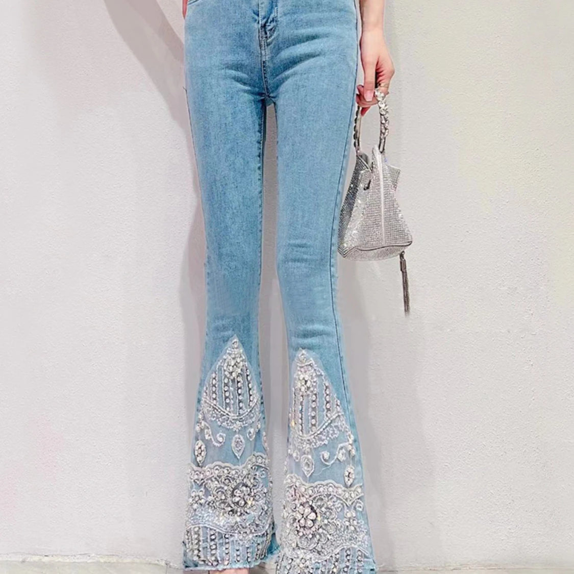 Women Jeans Summer New Korean Style Sweet Heavy Beads Luxury Rhinestone Blue Jeans Elegant Slimmin Bootcut Pants Fashion Denim Blue 9770