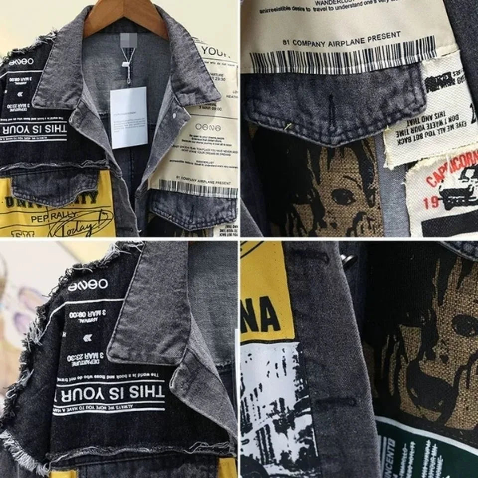 Vintage Full Sleeve Appliques Newspaper Pattern Large Size Black Denim Jacket Leisure Trend Coat Autumn New Jeans Jacket DF4950