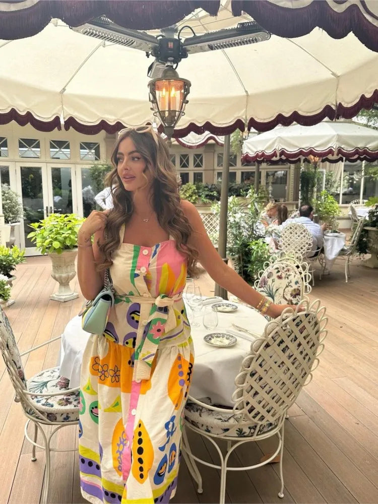 Print Square Neck Sling Midi Dress Women Single Breasted Belt Decoration A-line Dresses Summer Female Chic Beach Party vestido
