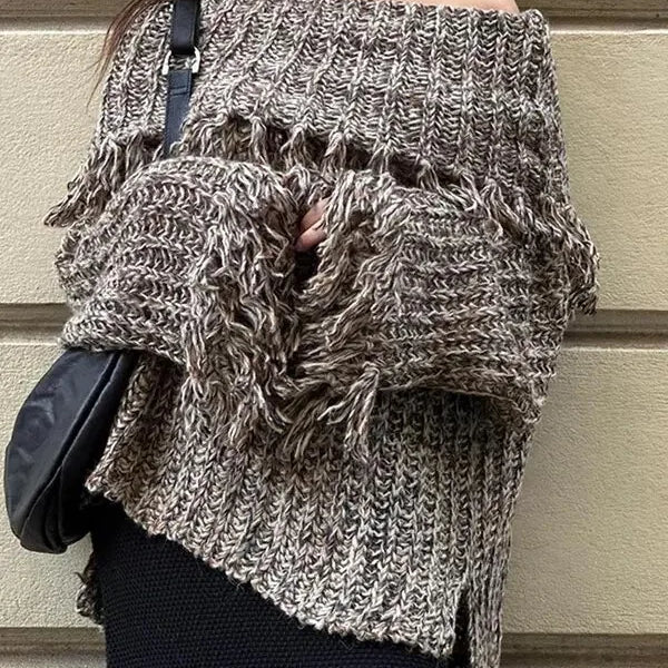 Thicken White Tassel Off Shoulder Sweater Women Elegant Slash Neck Long Sleeve Short Wool Pullover Winter Lady Knit Jumpers Grey Tassel