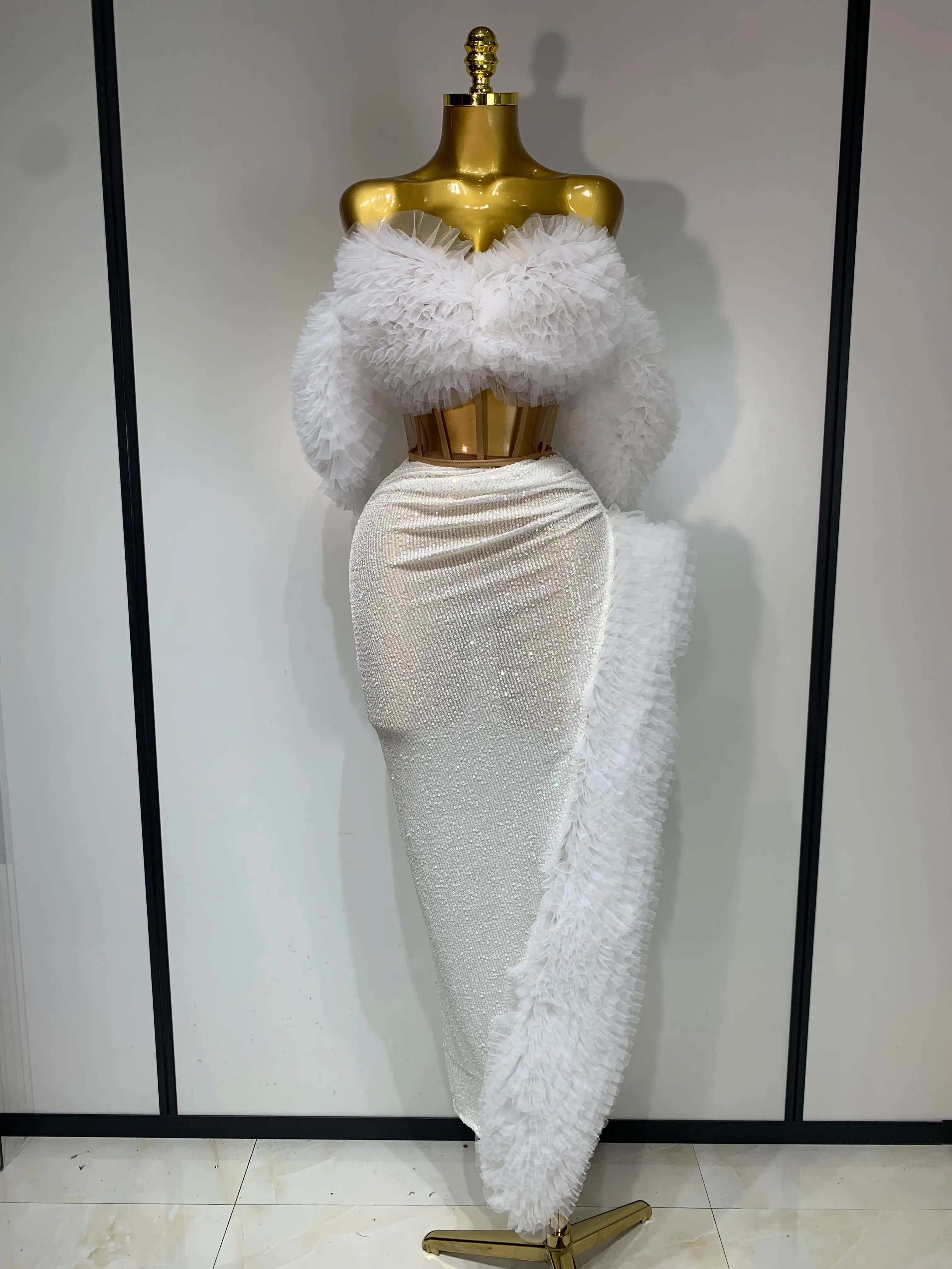 Women Elegant Sparkly Sequins Top Long Skirt Two Pieces Set Evening Party Luxury Birthday Nightclub Singer Dancer Stage Outfit