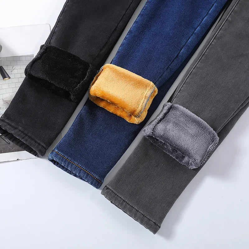 Winter Women Thermal Denim Skinny Stretch Jeans Oversized High Waist Plush Warm Lamb Fleece Mom Pants Plus Size Pencil Trousers
