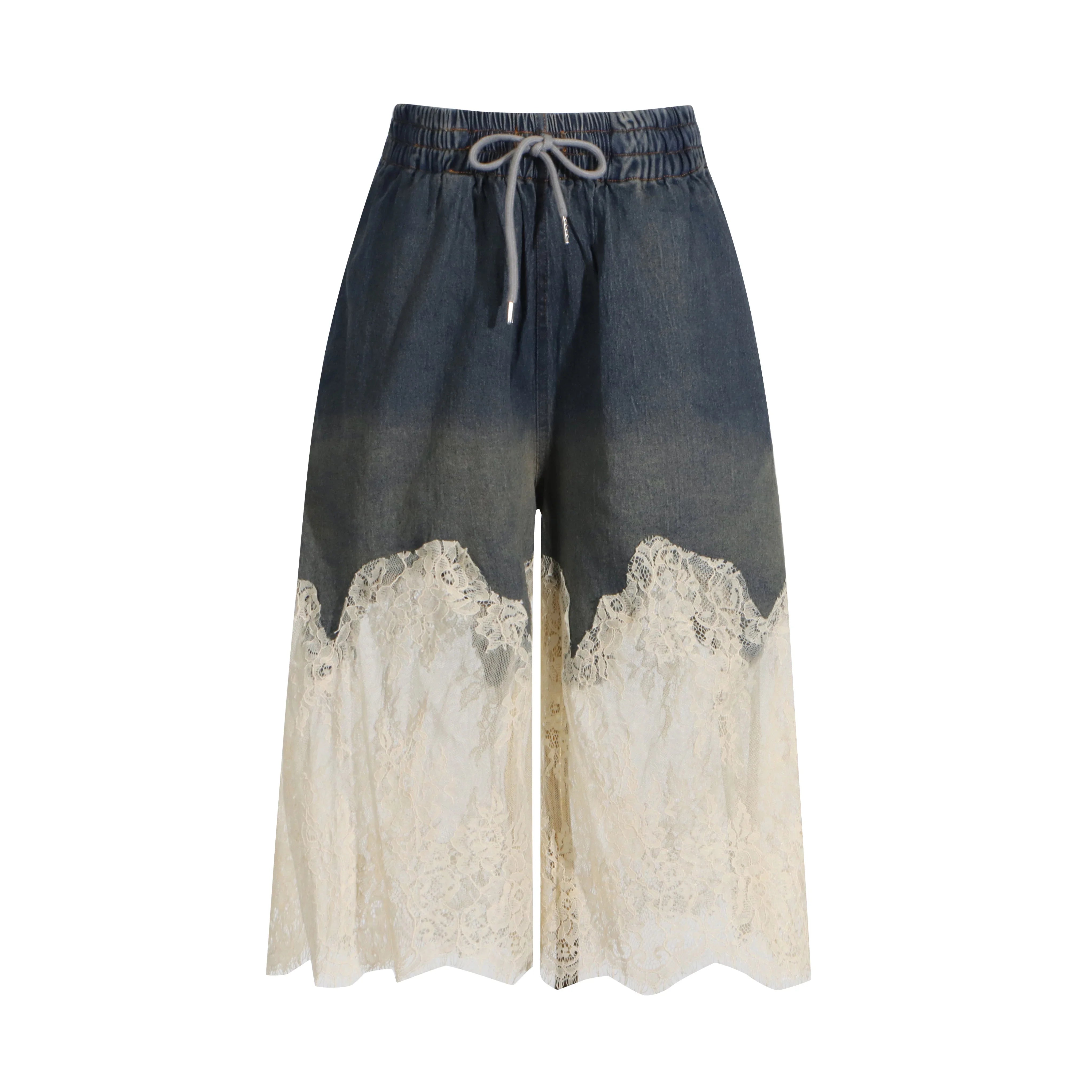 Spliced Lace Denim Two Piece Set For Women V Neck Sleevelss Top High Waist Knee Length Pant Streetwear Sets Female