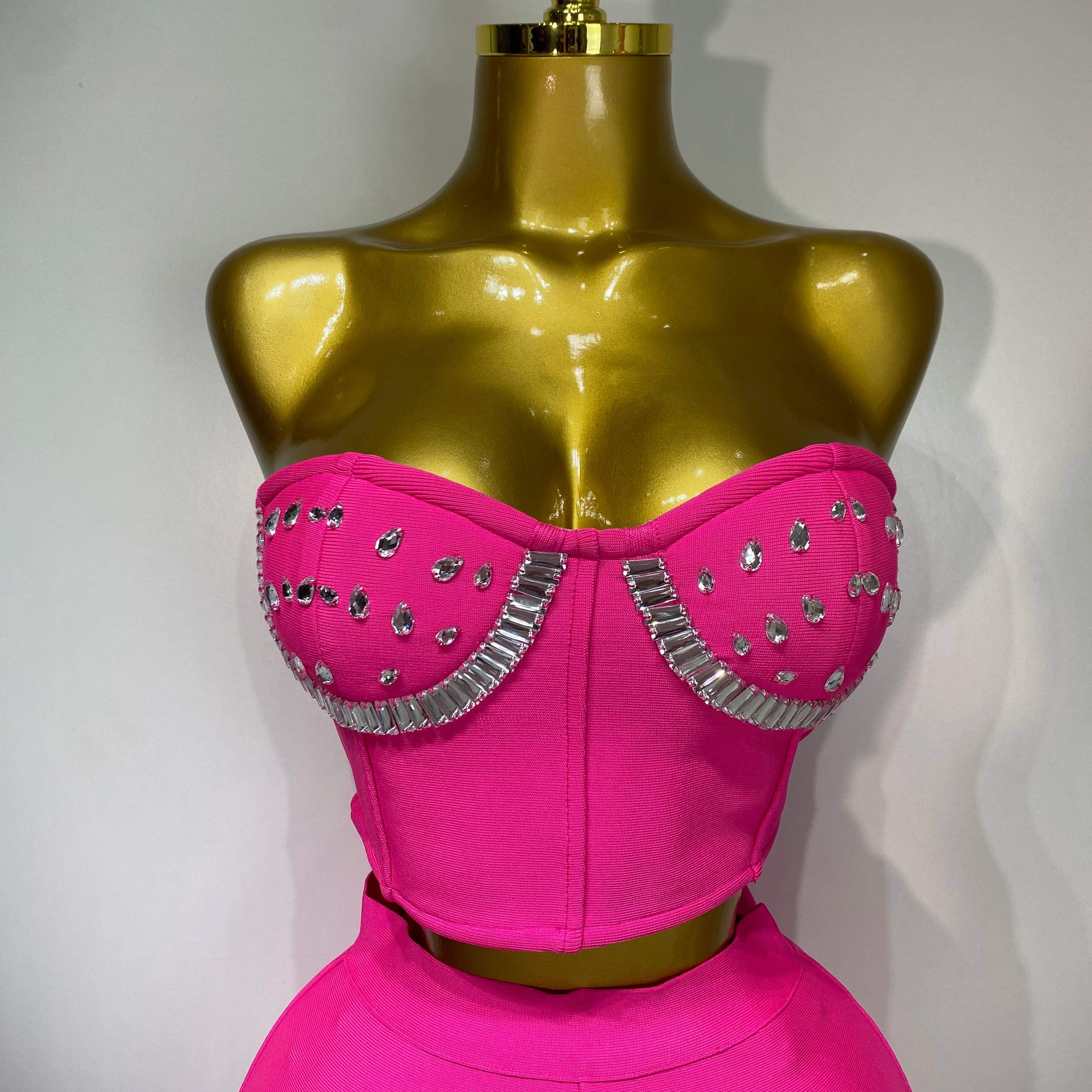 Women Sexy Strapless Top Cut Out Bodycon Two Pieces Bandage Pants Celebrity Designer Fashion Women Luxury Diamond Birthday Set