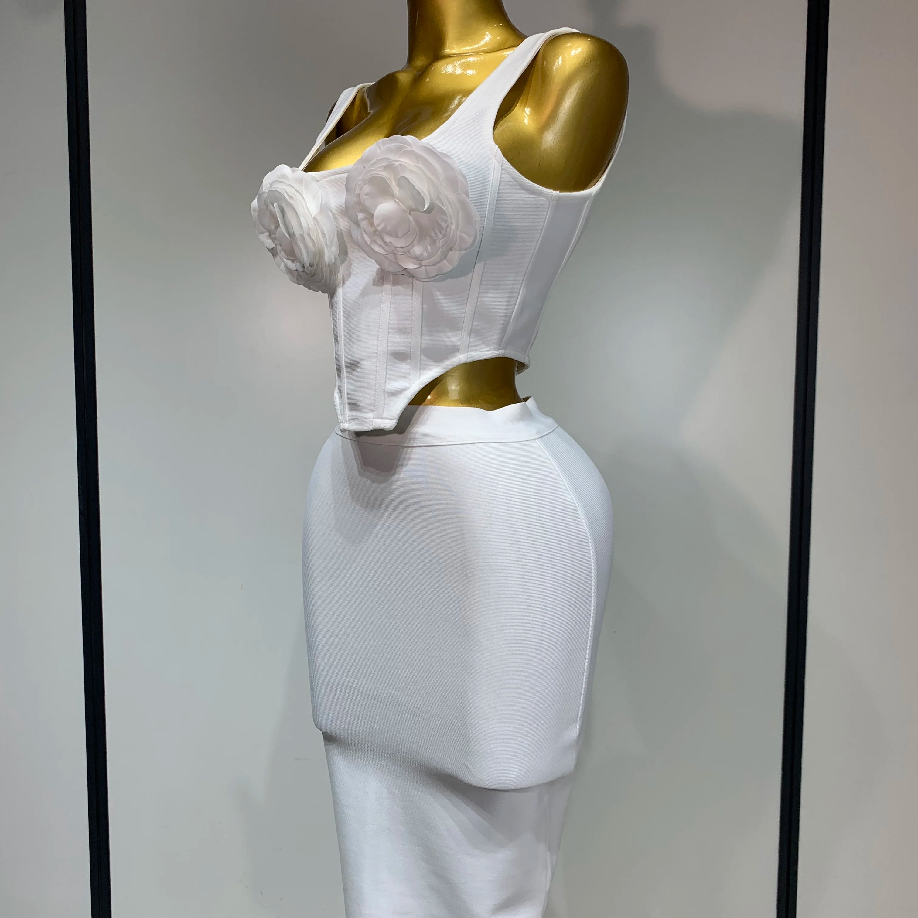 High Quality Women Sexy Square Collar Backless Flower Bandage Two Piece Set 2025 Knitted Elegant Evening Club Party Clothing