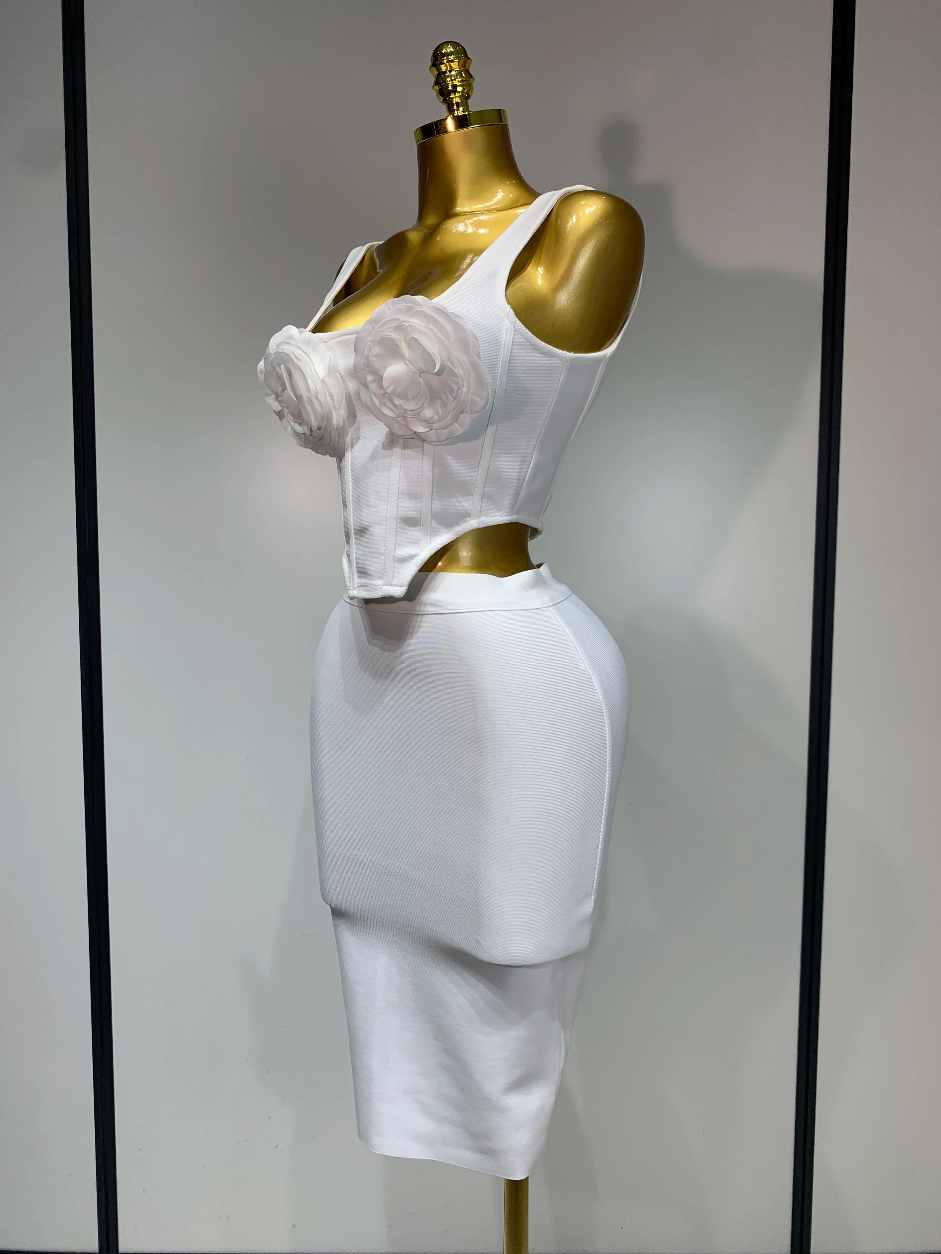 High Quality Women Sexy Square Collar Backless Flower Bandage Two Piece Set 2025 Knitted Elegant Evening Club Party Clothing