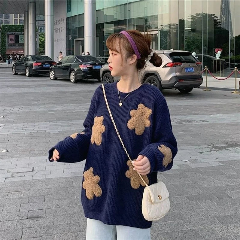 Sweet Cartoon Bear Sweater Women Cute Knitted Pullovers Japanese Harajuku Oversized Knitwears Korean Loose Casual Jumper Tops Navy Blue