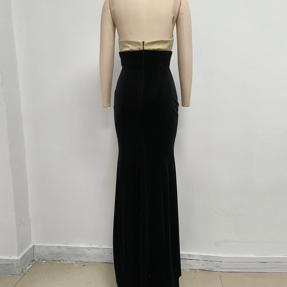 UpAvonu Elegant Strapless Patchwork Velvet Mermaid Long Dress Women Sexy Sleeveless Folds Slim Evening Runway Party Gown