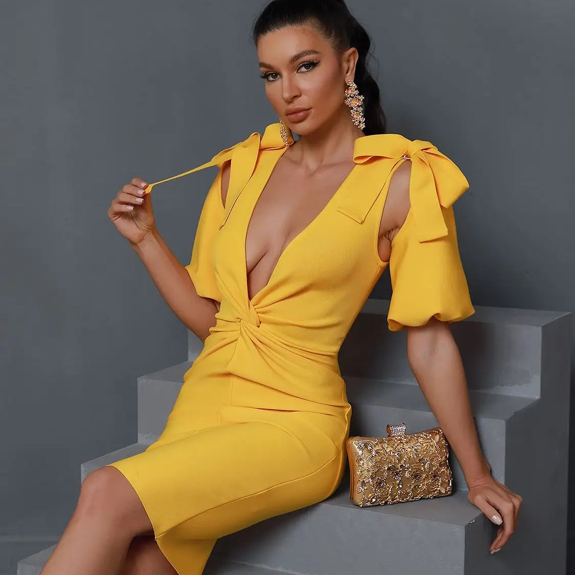 Yellow Bandage Dress Women Sexy Party Dress Bodycon Elegant Draped Deep v Neck Birthday Evening Club Outfits Summer 2023