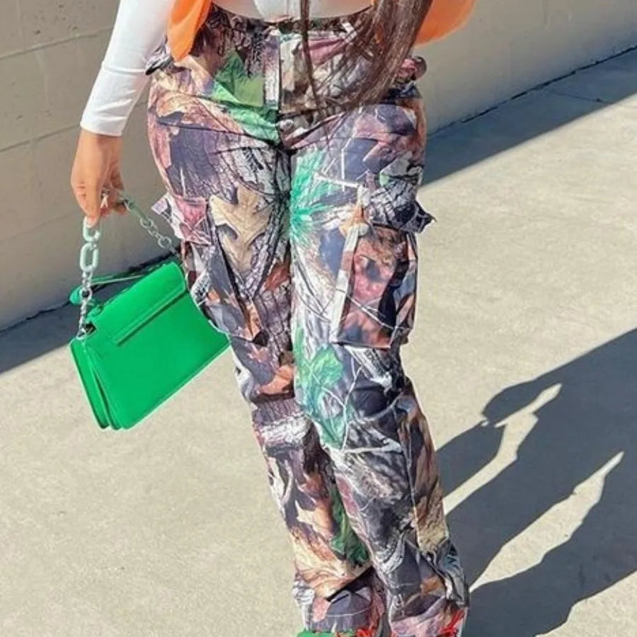 Mid-Waist Side Pocket Design Camo Print Cargo Pants Women Street Y2K Trousers Print Design Jeans MULTI