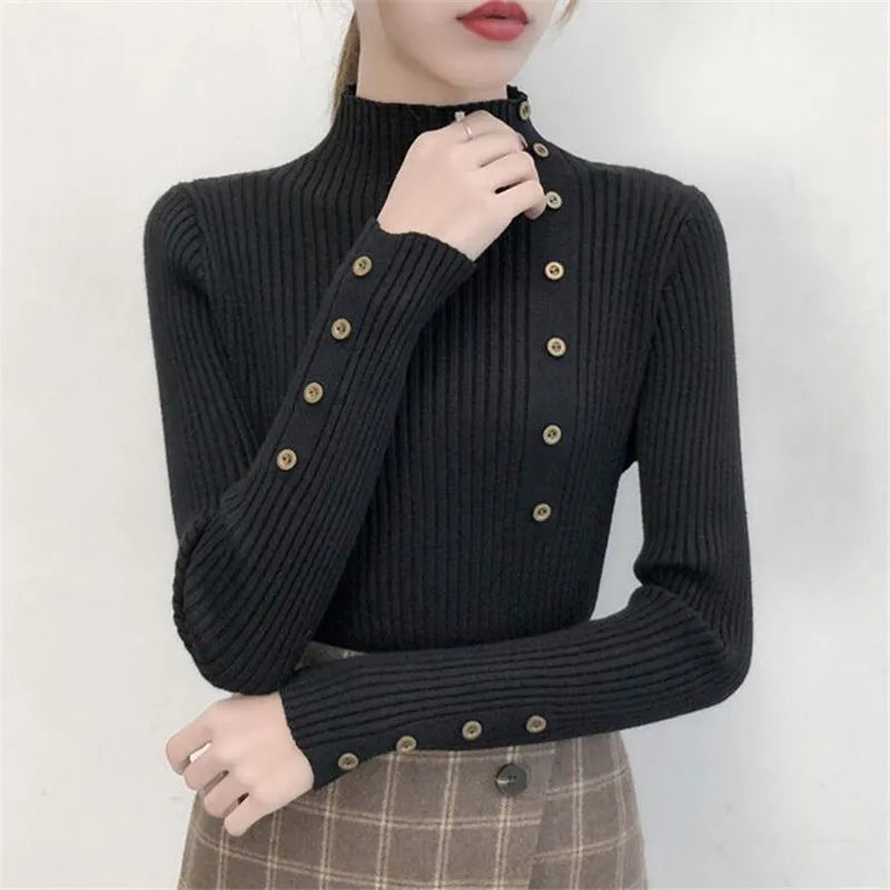 Women Autumn Knitted Slim Sweaters Solid Knitted Female Cotton Soft Elastic Color Pullovers Button Full Sleeve Turtleneck black One Size