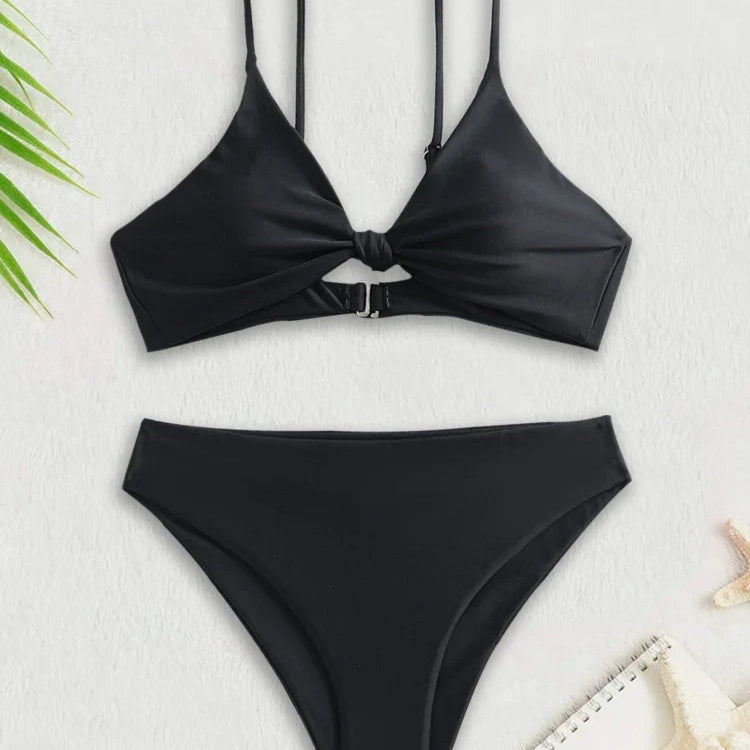 Bikini Women Swimsuit New Solid Black High Waist Bikinis Set Lace Up Bathing Suit Swimwear Summer Brazilian Beach Two Piece Black 1