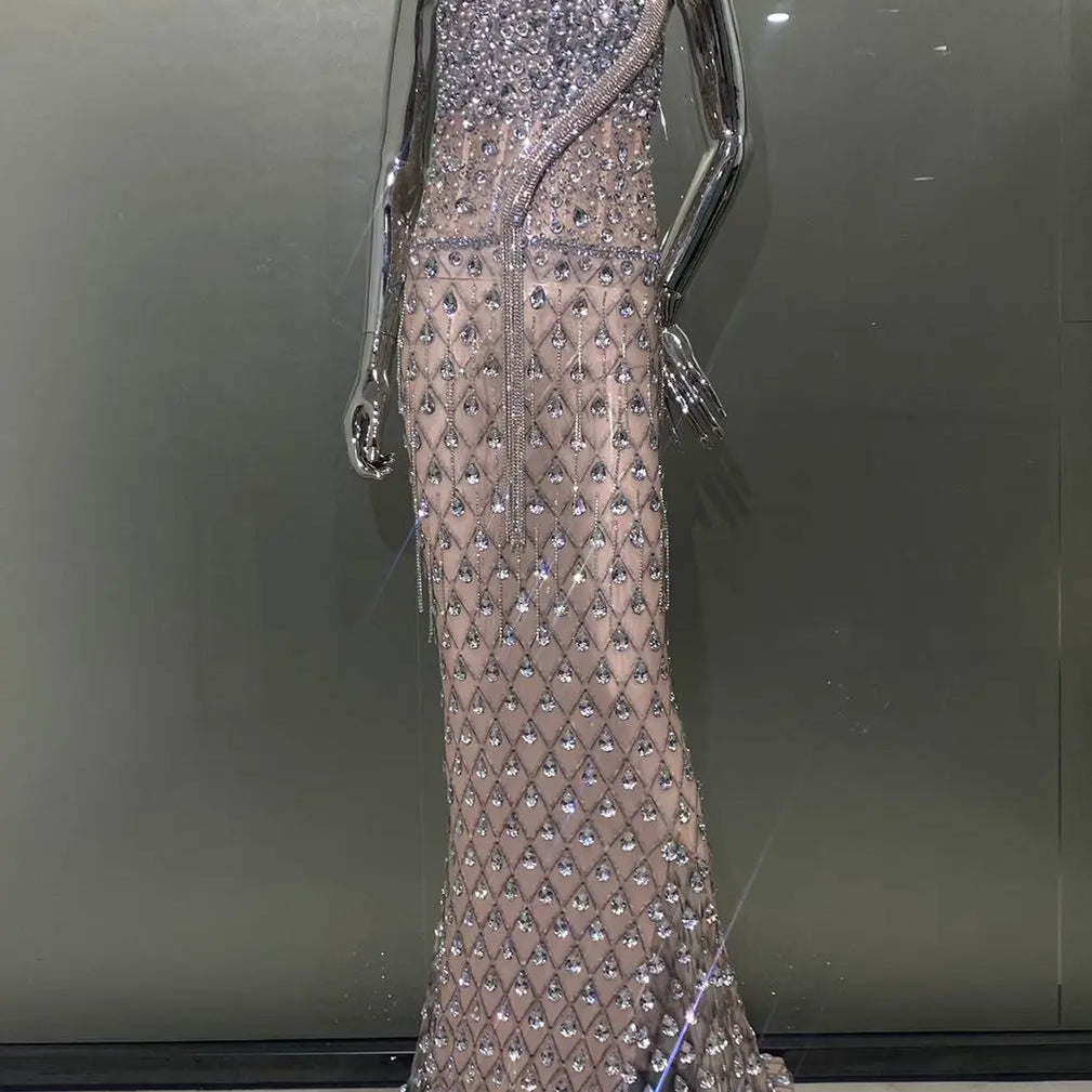 High Quality Super Shining Crystal Mesh See Through Floor Lenght Dress Woman Birthday Party Dress Stage Performances Costume