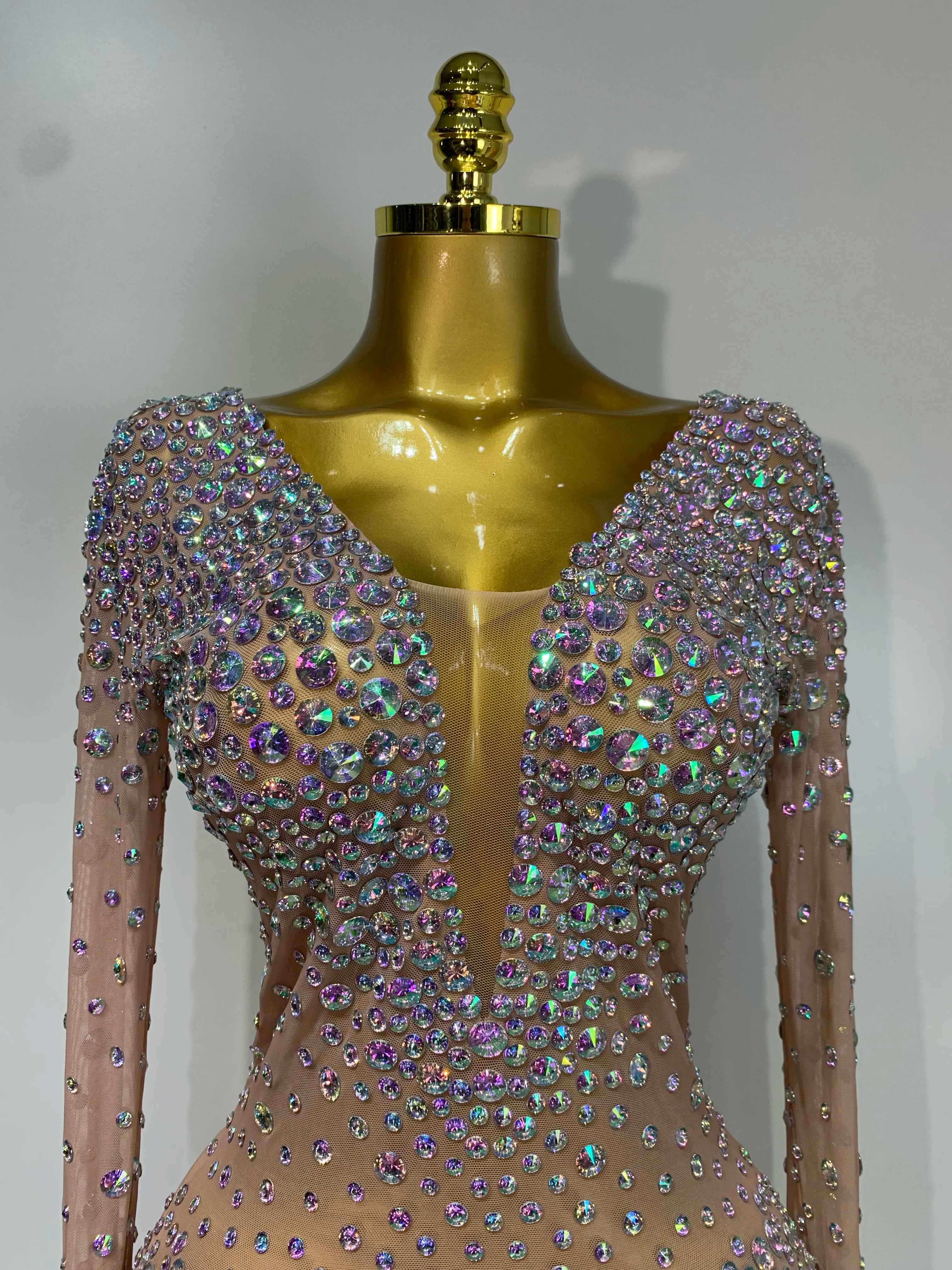 Sparkly Luxury Rhinestones Colourful Mini Dress Women Sexy Mesh See Through Birthday Performance Costume Dancer Stage Wear