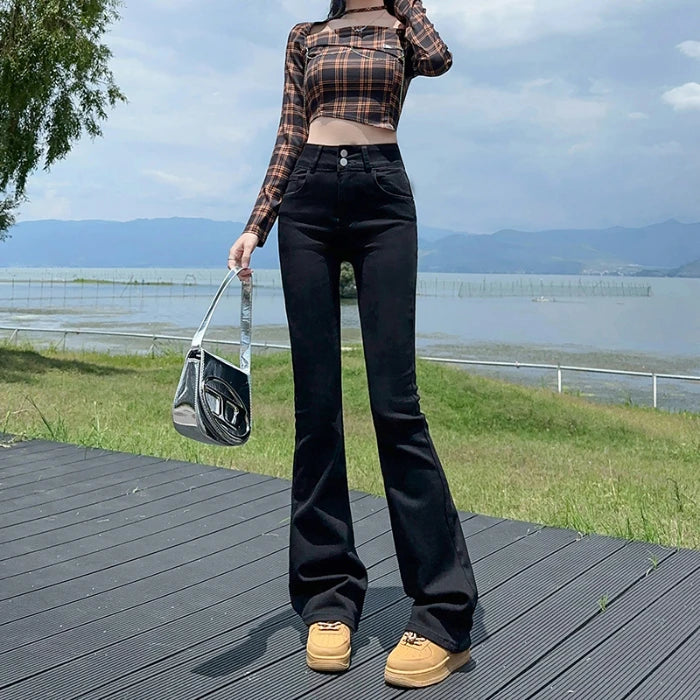 Black Slightly Stretch Jeans For Women's New Tigh Waisted Slim Fit Wide Leg Design Sexy Long Pants for Female Black Lengthen