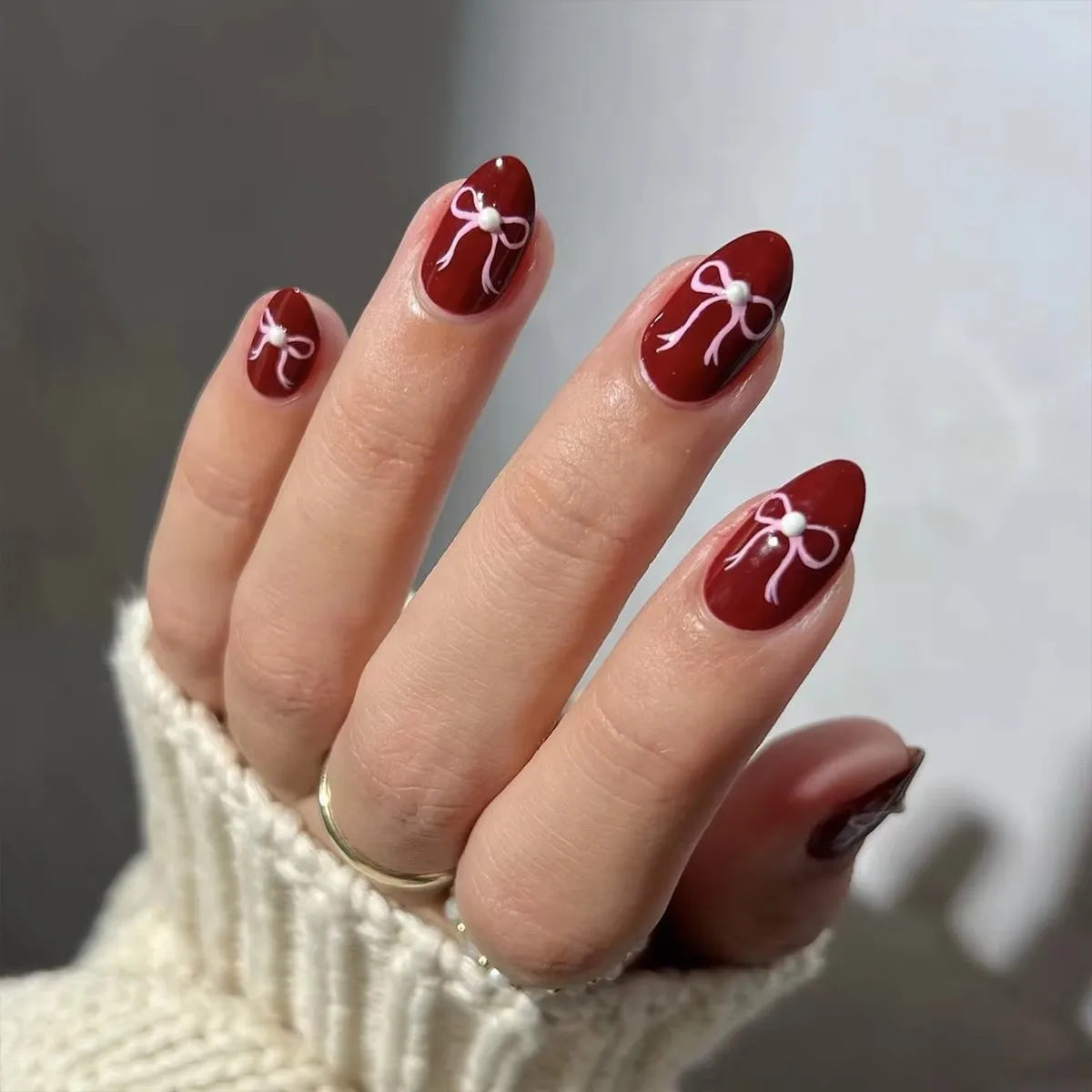 Red French Tip Fake Nails Long Almond Detachable Press on Nails Bowknot Printed Autumn and Winter Charm False Nails for Women
