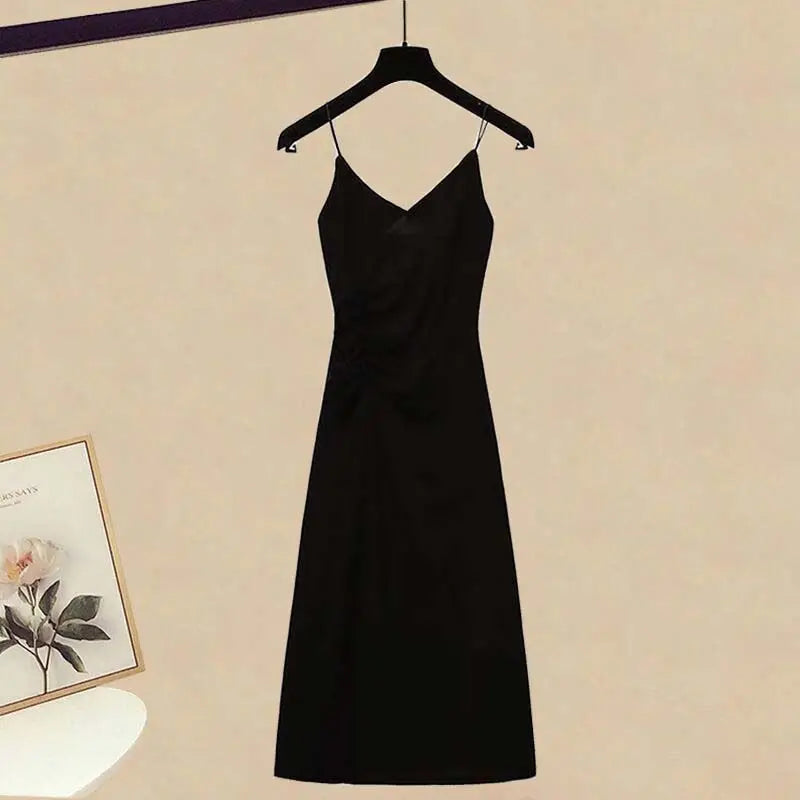 Women's Spring Autumn Fashion Cross Knitted Sweater+Strap Dress Two Piece Korean Elegant New in Matching Set Femlae Skirt Black Dress