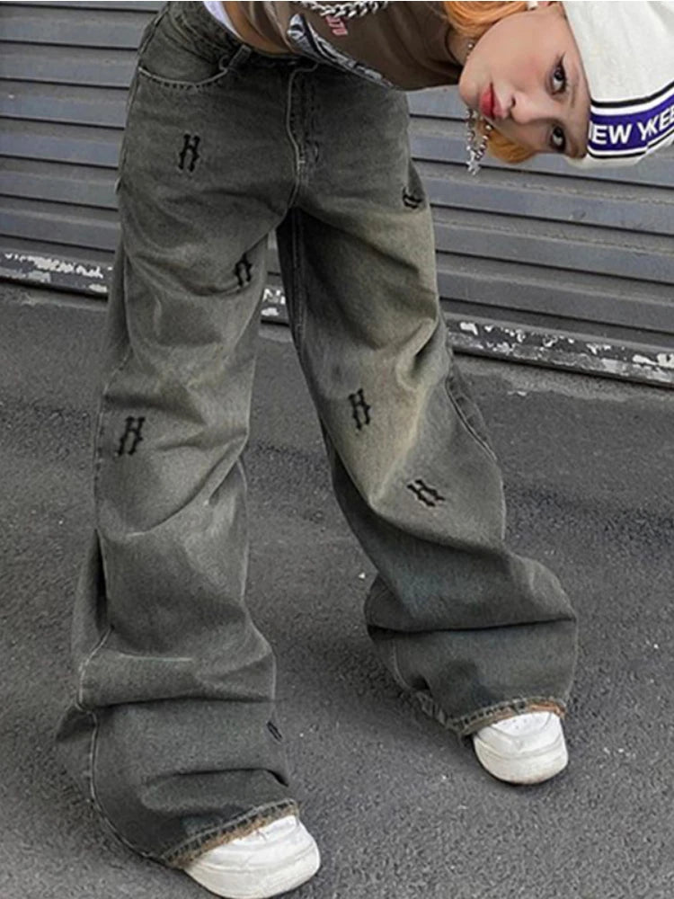 Street 90s Letter Printed Y2k Low Waist Jeans Vintage Baggy Jeans Women Casual Denim Pants Female Sexy Bottom Retro