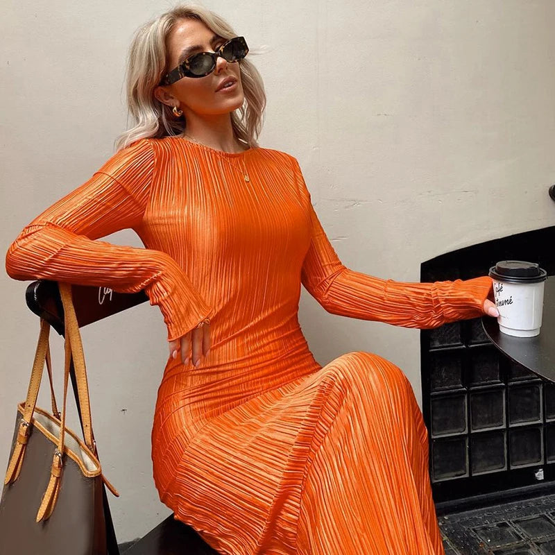 Hawthaw Women Fashion Long Sleeve Streetwear Bodycon Orange Midi Dress 2022 Autumn Clothes Wholesale Items For Business Orange