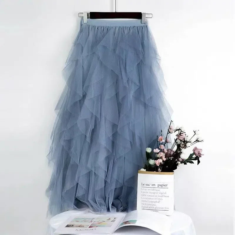 Women Tulle Mesh Skirt Elegant Elastic Waist Fairy Long A-line Tutu Skirt for Spring Summer long skirt