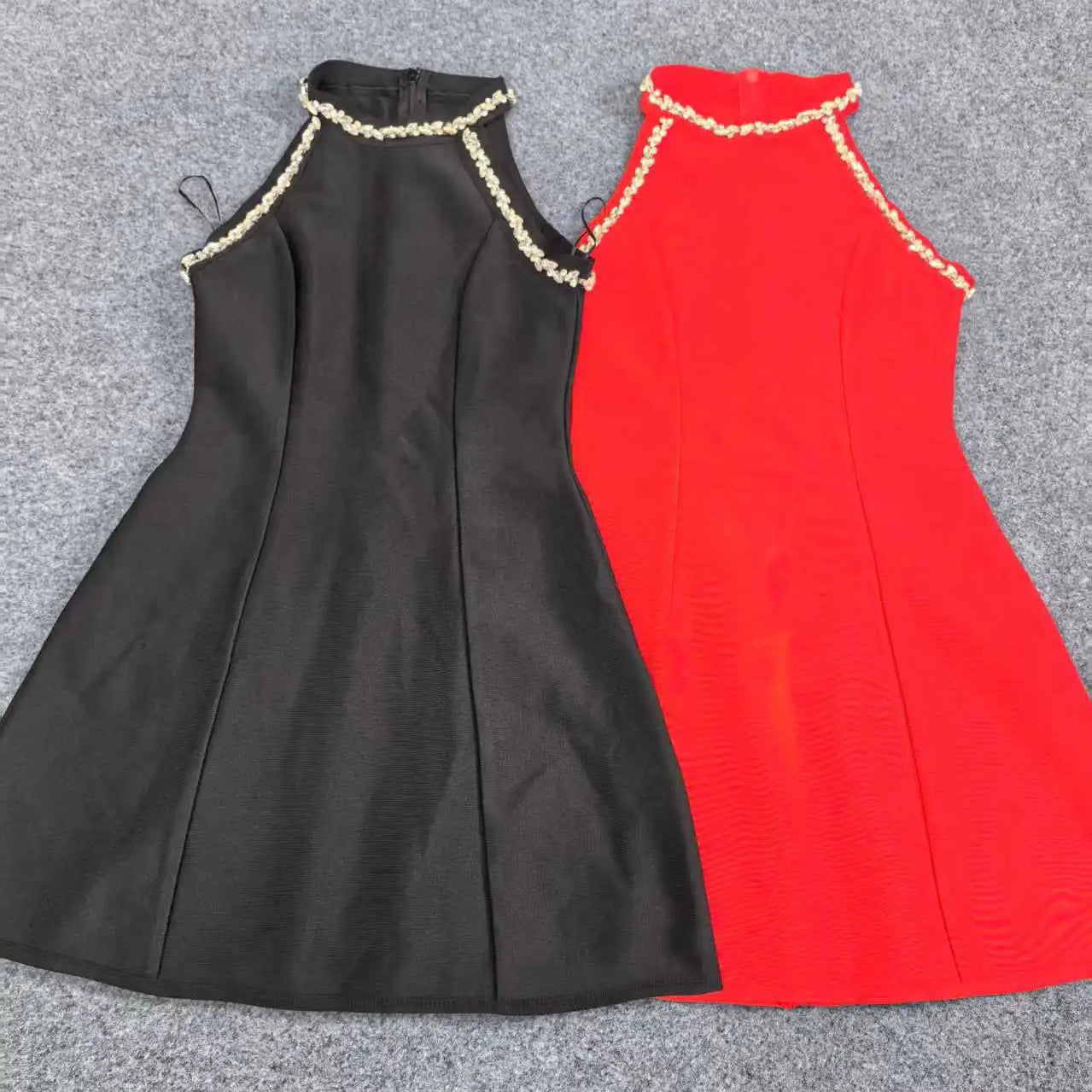 Red Black Women Sleeveless Sexy Shinning Crystal A-Line Mini Bandage Dress Celebrate Birthday Party Girls' Vacation Outfit
