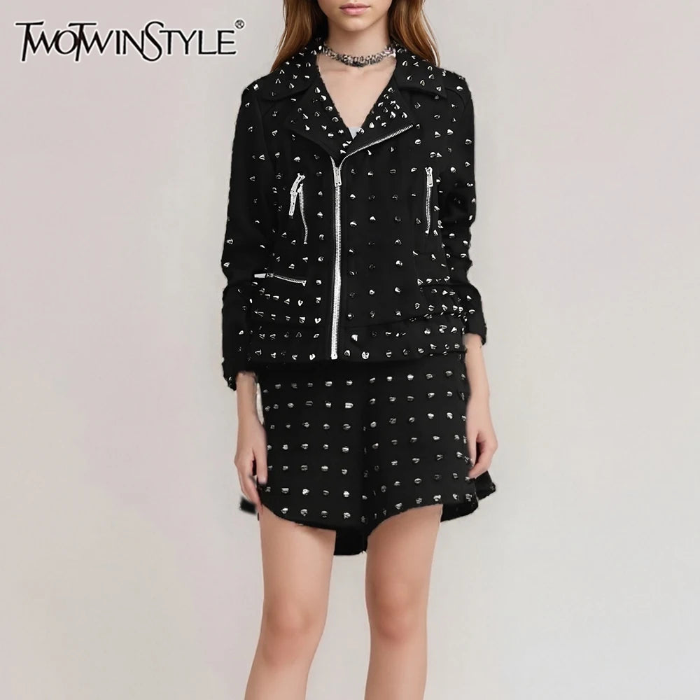 TWOTWINSTYLE Solid Spliced Zippers Casual Jackets for Women Lapel Lomg Sleeves Patchwork Rivets Luxurious Jacket Femlae Fashion