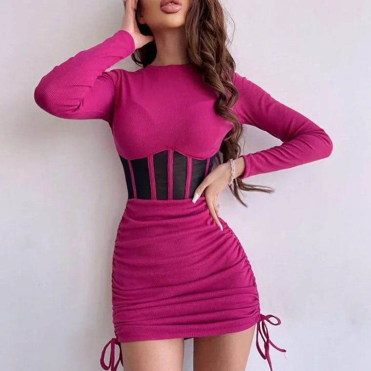 Autumn Winter O-neck Hollow Out Tunics Short Party Dress Streetwear Woman Casual Sexy Bodycon Shirring Mesh Corset Dresses
