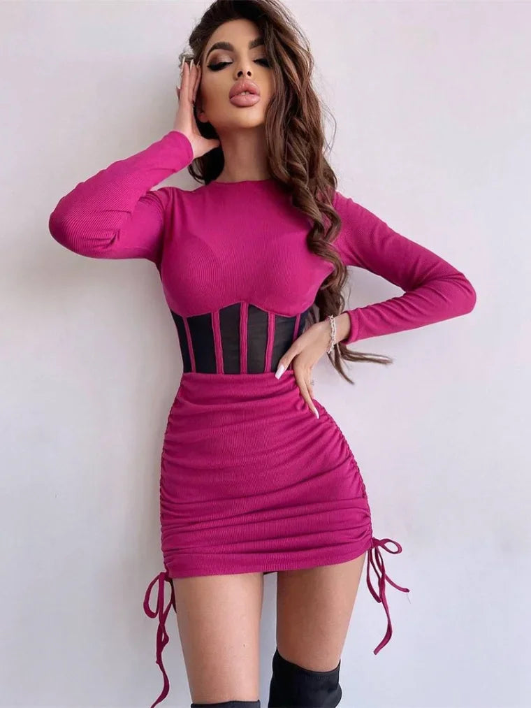 Autumn Winter O-neck Hollow Out Tunics Short Party Dress Streetwear Woman Casual Sexy Bodycon Shirring Mesh Corset Dresses