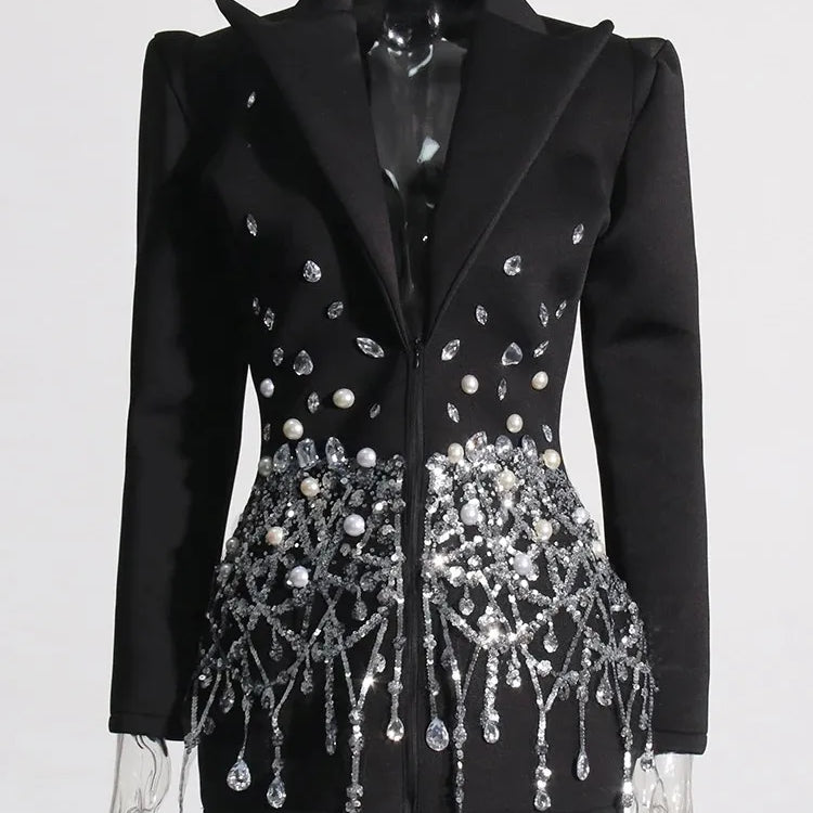 TWOTWINSTYLE Patchwork Sequins Temperament Dress For Women Lapel Long Sleeve High Waist Spliced Pearls Mini Dresses Female New Black