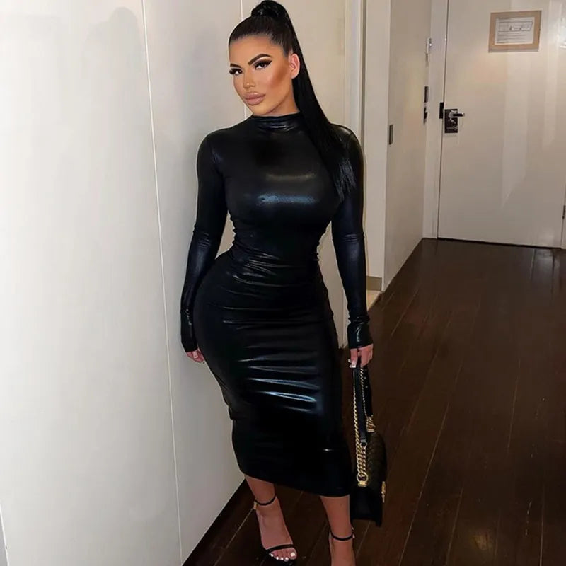 Dulzura Black Long Sleeve Pu Midi Dress For Women Bodycon Sexy Long Dress Streetwear Party Club Outfits Fall Winter Wholesale black