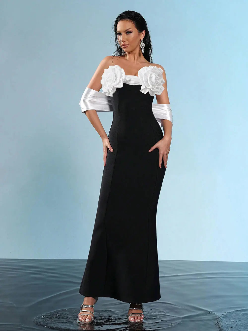 2025 Sexy Women'S Three-Dimensional Flower Design Bandage Dress Strapless Shoulder Strap Sleeve Bodycon Backless Long Dresses