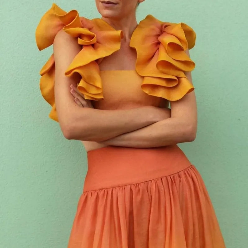 Elegant Women Two Piece Set Y2K Outfits Sexy Ruffle Crop Top Shirt High Waist Colorful Long Skirt Suit Vacation Boho Clothes Set