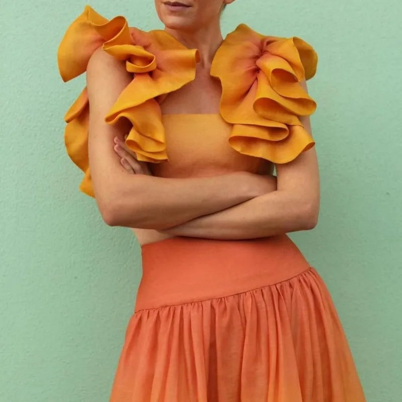 Elegant Women Two Piece Set Y2K Outfits Sexy Ruffle Crop Top Shirt High Waist Colorful Long Skirt Suit Vacation Boho Clothes Set