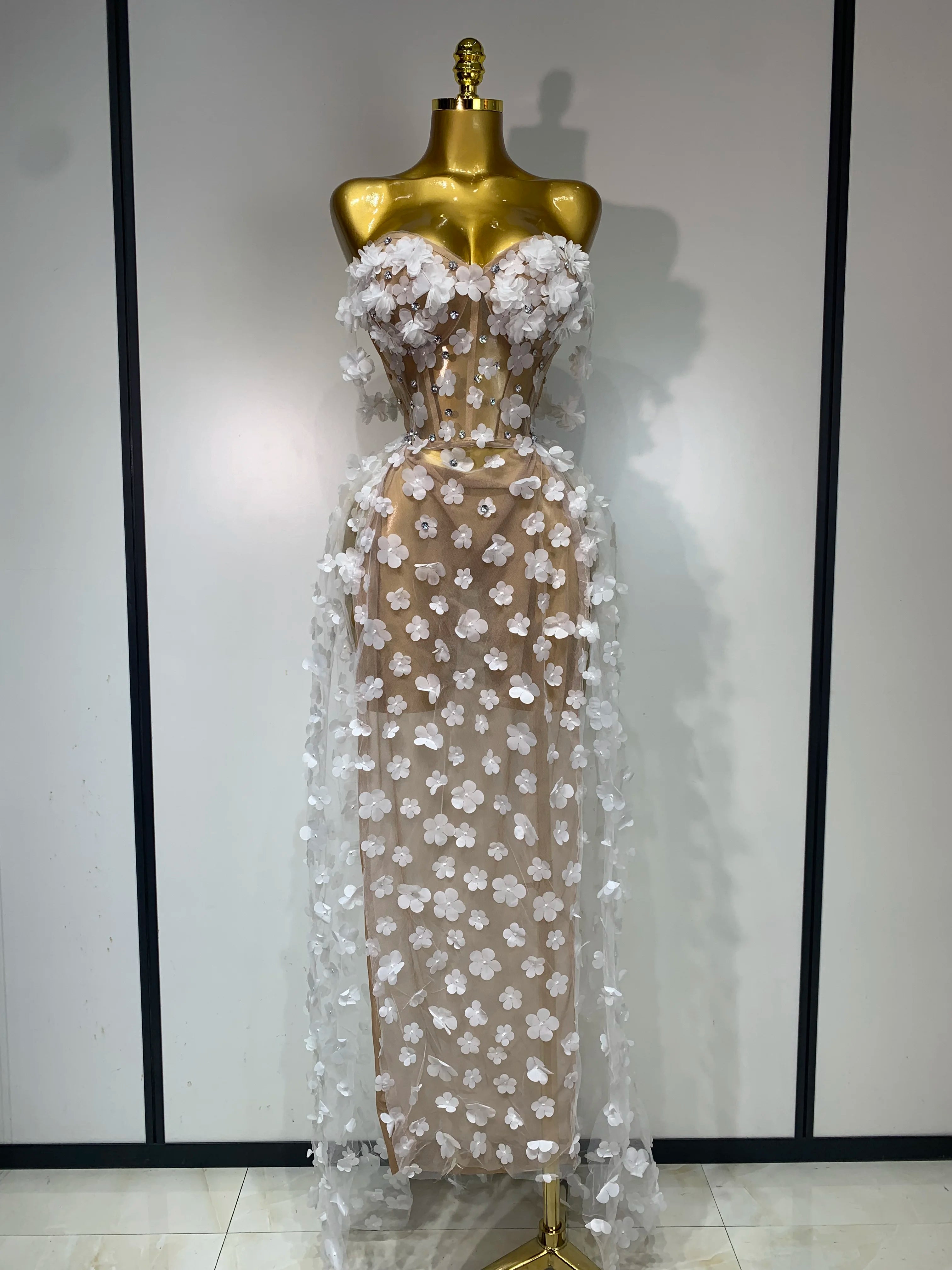 Women Sexy Elegant Party Dress Wedding Celebrate Evening Gown 2025 Mesh See Through Flowers Backless Prom Hotwife Outfit