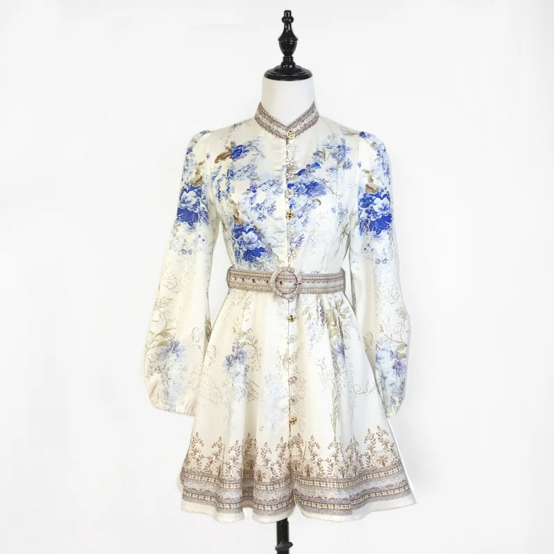 Shot In Stock 2025 Spring Summer Printed Single-Breasted Exquisite Flower Button Short A-Line Dress + Belt