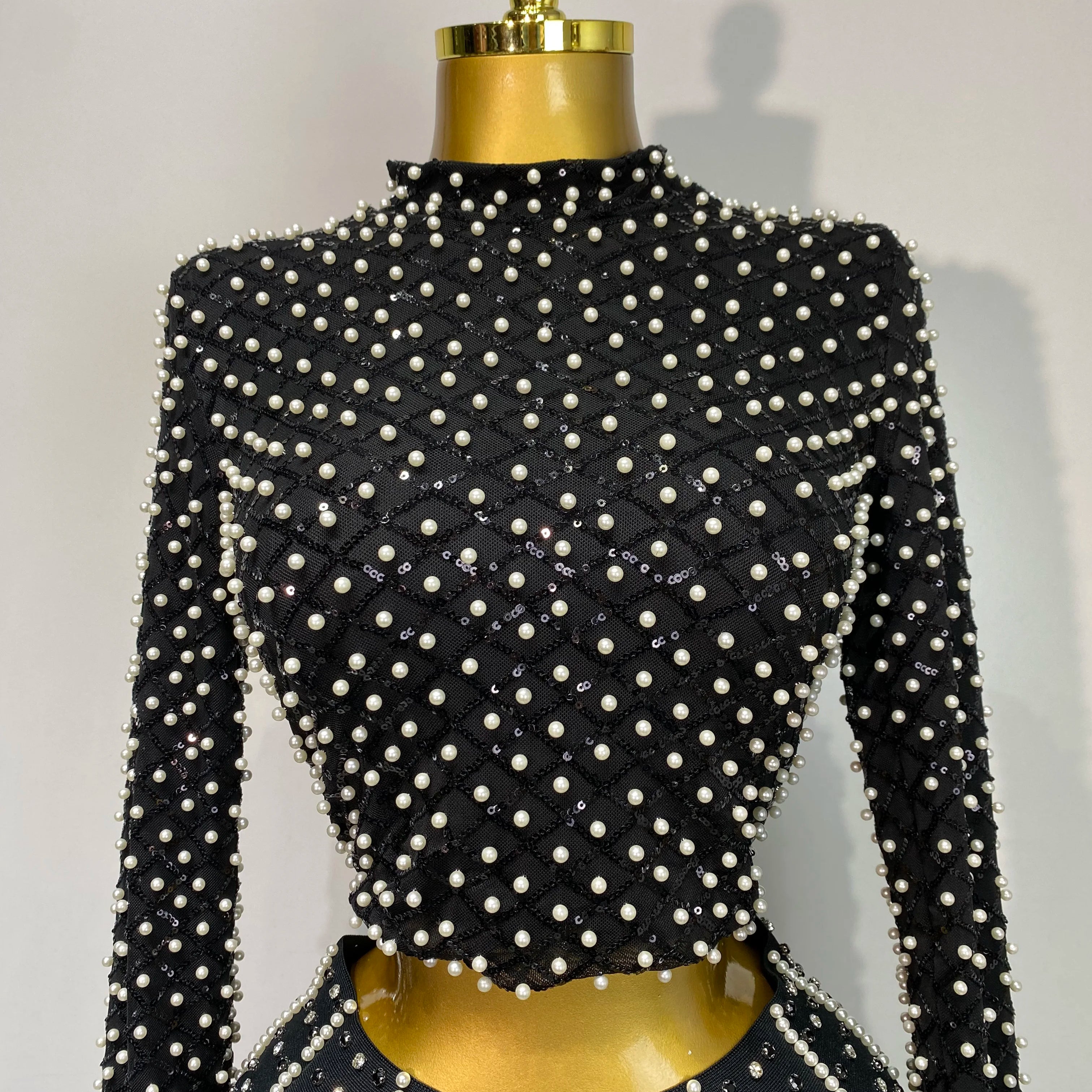 Women Long Sleeve Black Mesh Studded Dianonds Crystal Pearl Two Pieces Bandage Set Celebrity Sexy Evening Party Birthday Gown