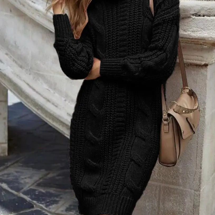 Winter Turtleneck Knitted Dress Women Casual Solid Long Sleeve Pullovers Robe Elegant Sweater Dresses Female Warm Loose Dress