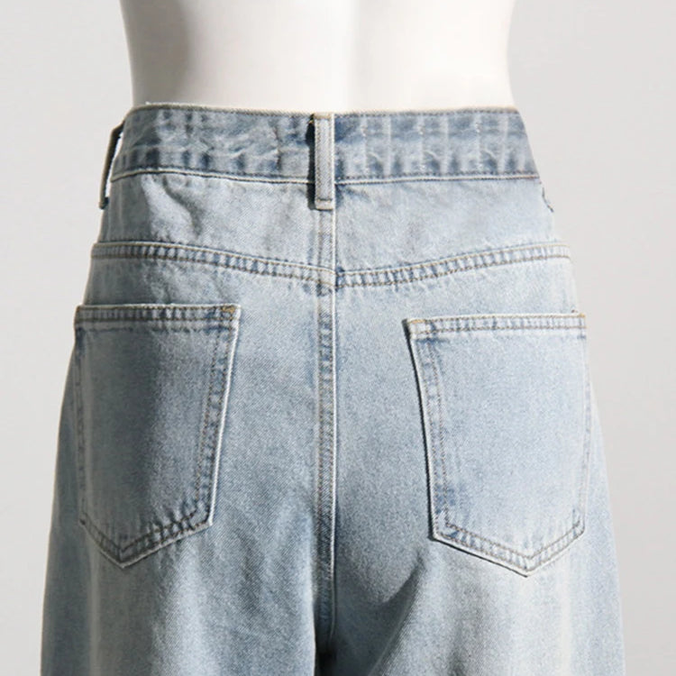 Patchwork Diamonds Casual Denim Trousers For Women High Waist Spliced Button Solid Loose Straight Jeans Female Fashion