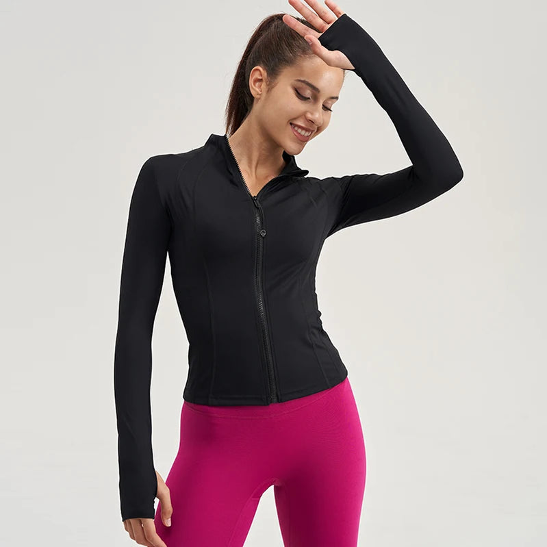 Gym Women's Full Zip Yoga Top With Thumbholes Fitness Running Jacket Stretch Fit Long Sleeve Round Neck-Top Sportswear