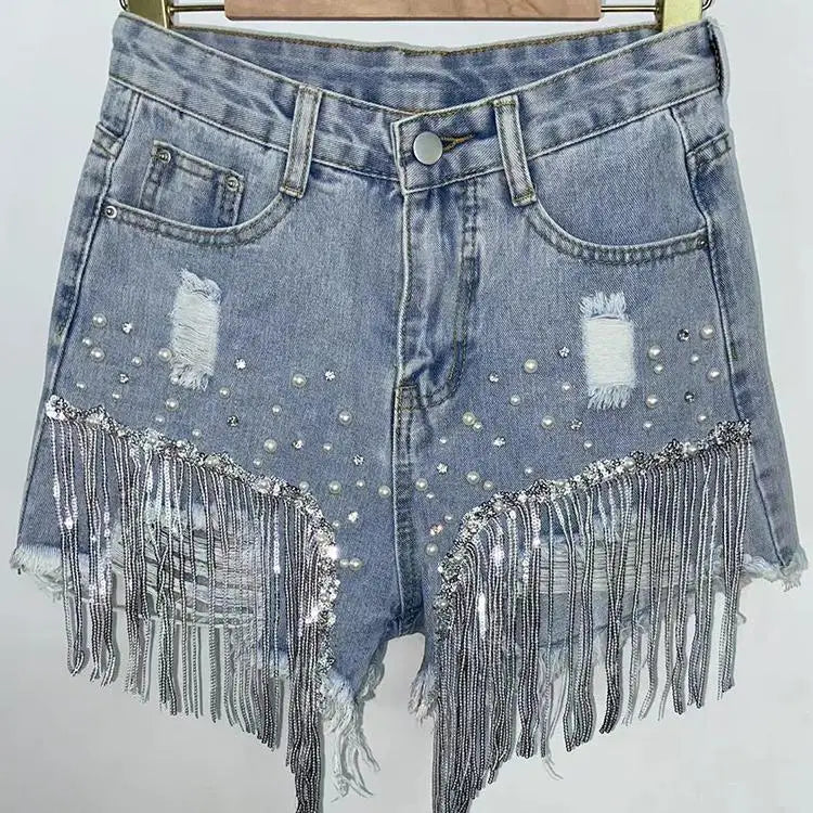 Summer Elegant Shorts Lady Tassel Beading High Waist Wide Leg Denim Shorts Female Casual Solid Shorts Jeans for Women Clothing image color