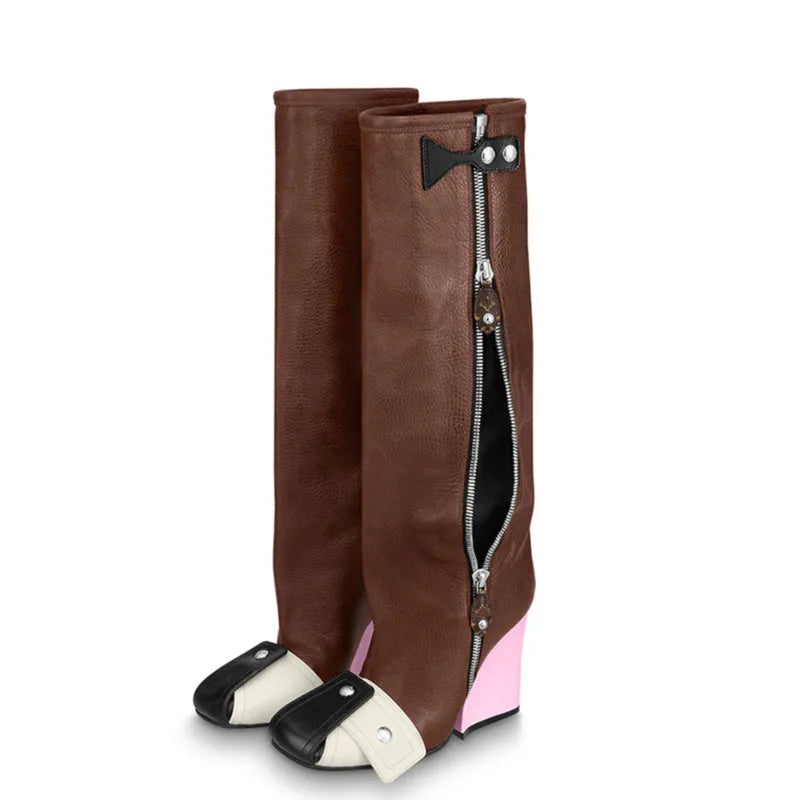 Brand Women's Boots Autumn and Winter Fashion Color Contrast Rivet Side Zipper High Heel Fashion Stage Show Party Boots