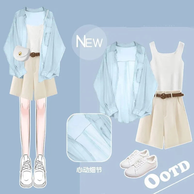 Women's Tracksuit Suit Summer Casual Sunscreen Shirt Top Vest Shorts Three Piece Korean Chic Blouse Pants Matching Set Set 01