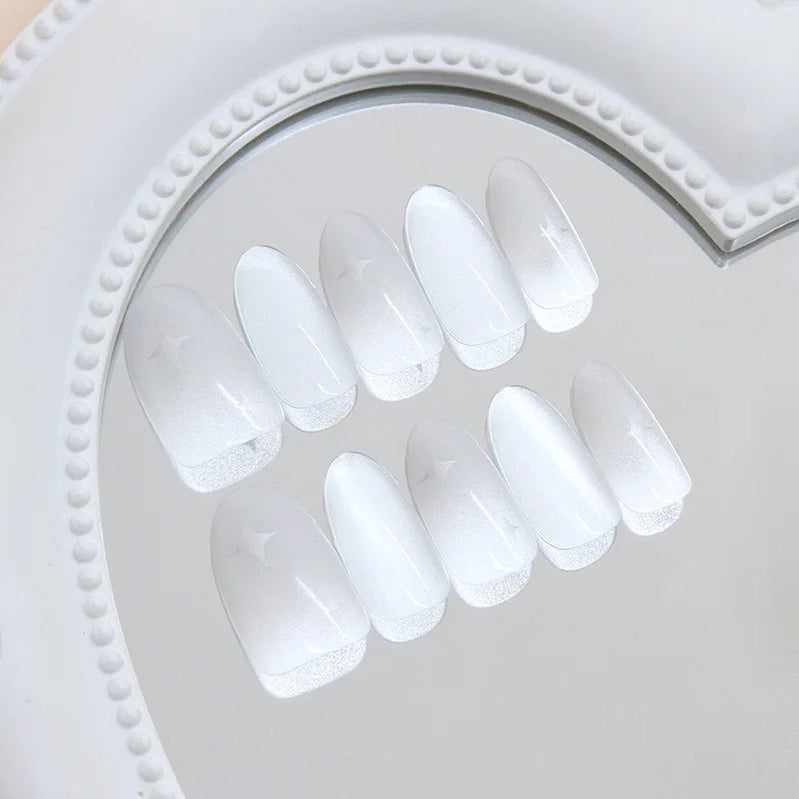 Y2K Girls Short Almond Press On Nails, Glossy Cat's Eyes Fake Nails Star Printed, Full Cover Stick-on False Nails Art 24Pcs