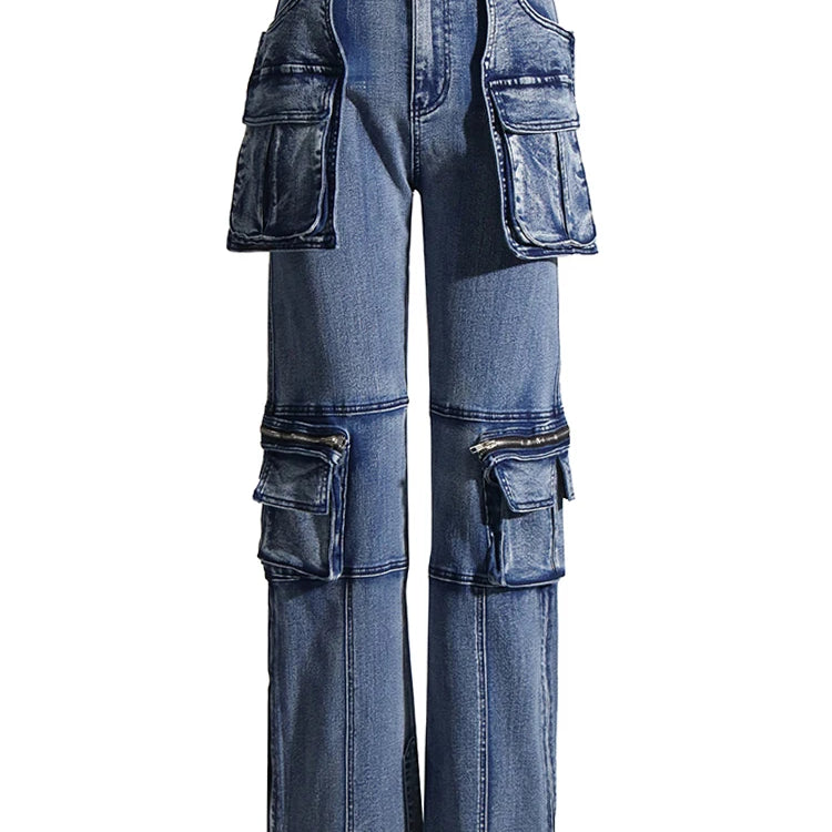 Solid Patchwork Pockets Casual Denim Trousers For Women High Waist Spliced Button Streetwear Loose Cargo Jeans Female New