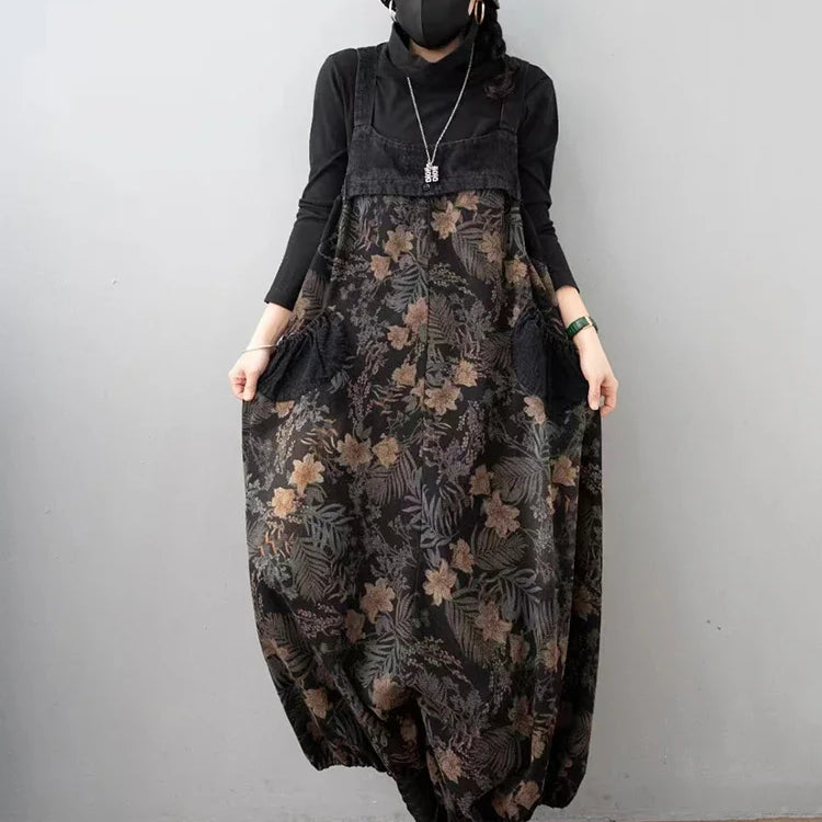 Spring Vintage Streetwear Womens Plus Size Printed Jeans Denim Overalls Ladies Floral Harem Pants Casual Trousers